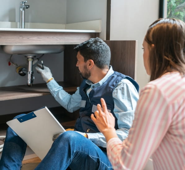Working men showing leaky under the sink to a woman 